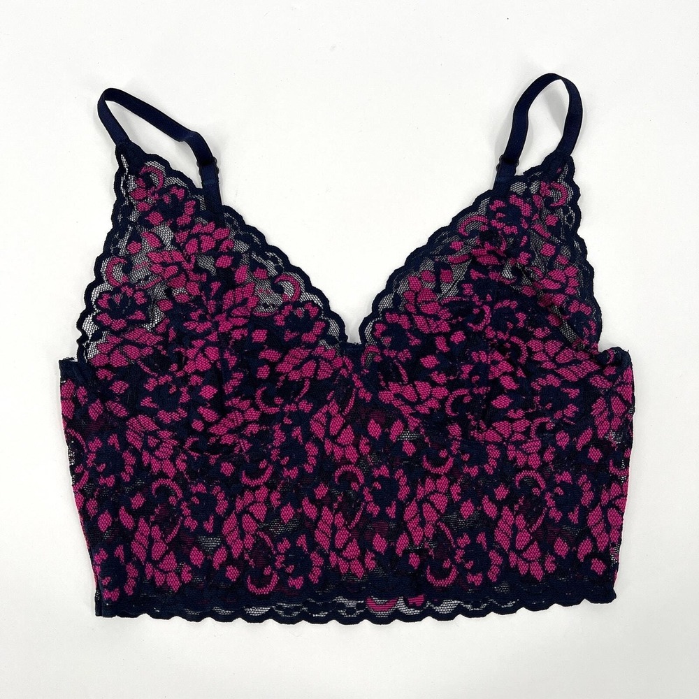 HANKY PANKY Retro Longline Wireless Bralette Womens XS Navy Pink Cross dye Lace